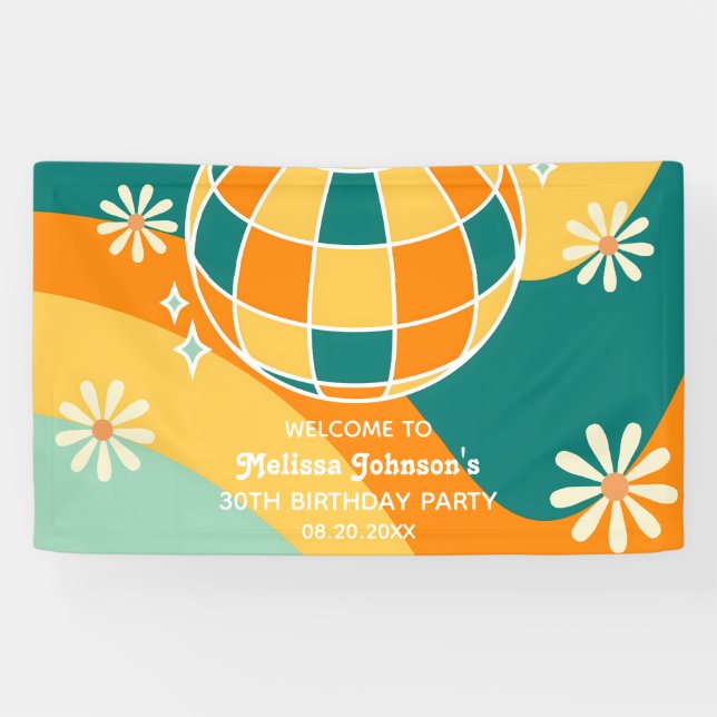 Banderoles Retro Super Wave Disco Ball Daisy Orange Anniversa (Horizontal)