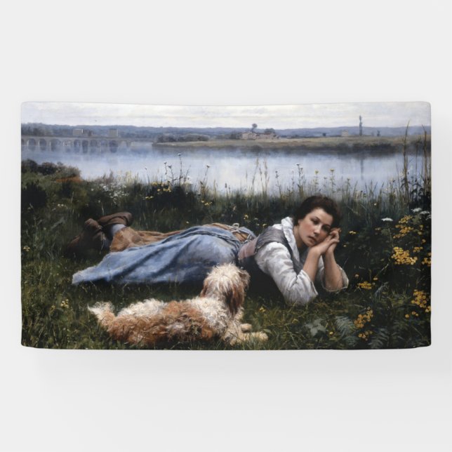 Banderoles Reverie (Fille allongée sur l'herbe avec son chien (Horizontal)