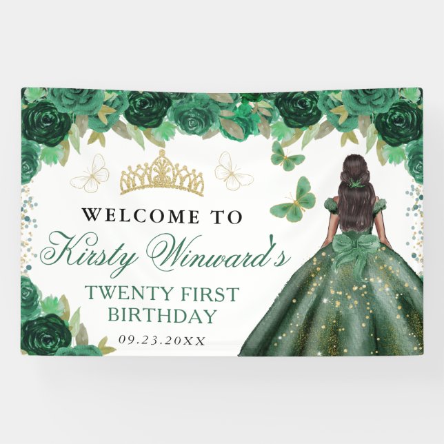 Banderoles Robe verte Peau foncée Princesse Florale Anniversa (Horizontal)