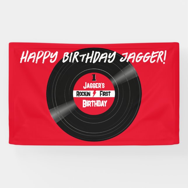 Banderoles Rockin Happy Birthday Vinyl Record Rouge (Horizontal)