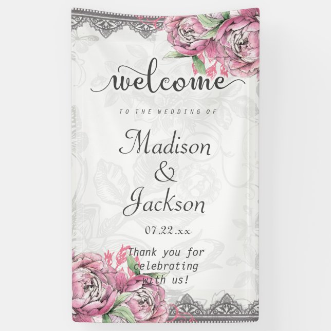 Banderoles Romantique Chic Fleur de Pivoine Floral & Mariage  (Vertical)