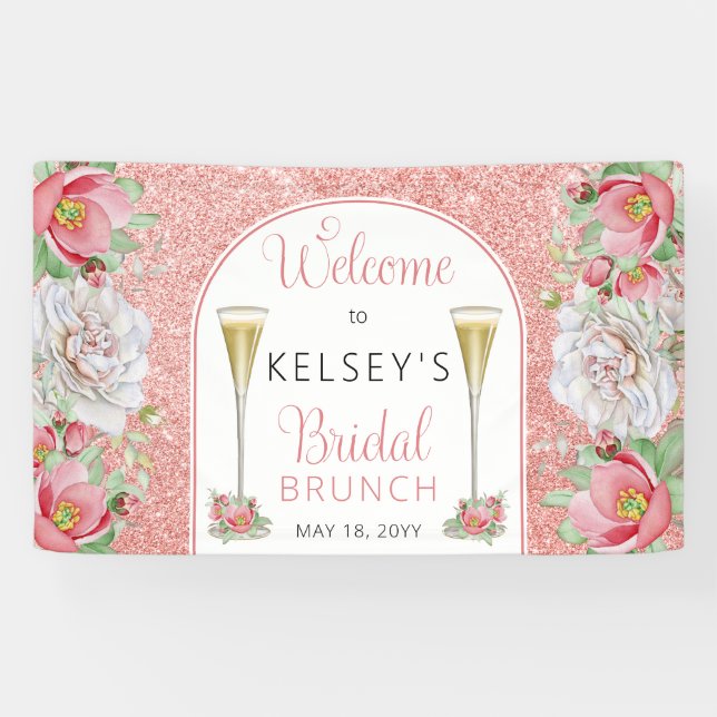 Banderoles Rose Blanc Doux Floral Roses Fleurs Brunch nuptial (Horizontal)