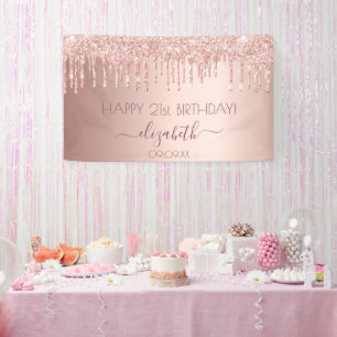 Banderoles Rose de fête d'anniversaire gouttes dorées rose