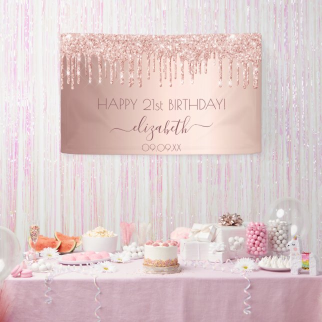 Banderoles Rose de fête d'anniversaire gouttes dorées rose (Fête)