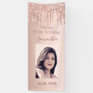 Banderoles Rose de fête d'anniversaire or photo gouttes roses