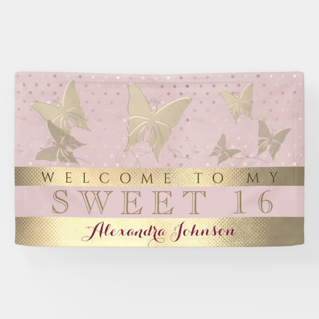 Banderoles Rose et or doux 16 Anniversaire (Horizontal)