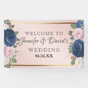 Banderoles Rose Floral Marine bleu Blush rose Mariage or