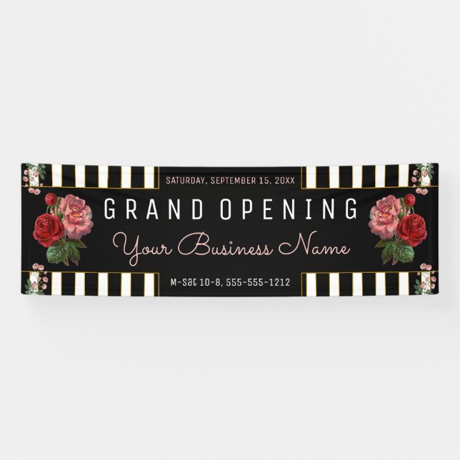 Banderoles Rose Floral Noir | White Stripes Business (Horizontal)