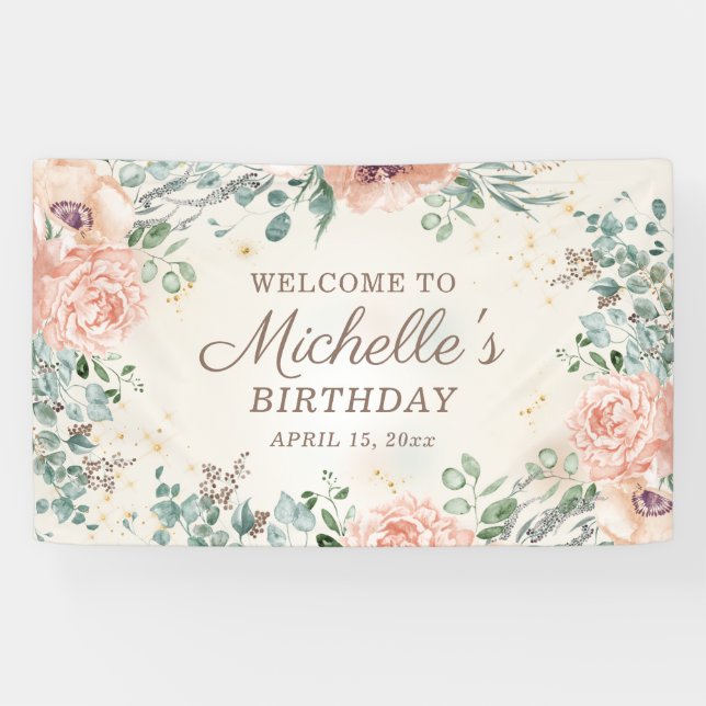 Banderoles Rose Floral Vert Foliage Or Parties scintillant An (Horizontal)