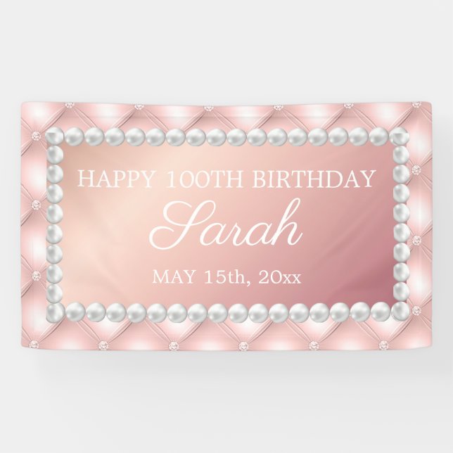 Banderoles Rose Gold Blush Pink White Pearls 100e anniversair (Horizontal)