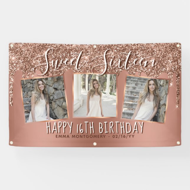 Banderoles Rose Gold Parties scintillant Drip Photo Collage 1 (Horizontal)