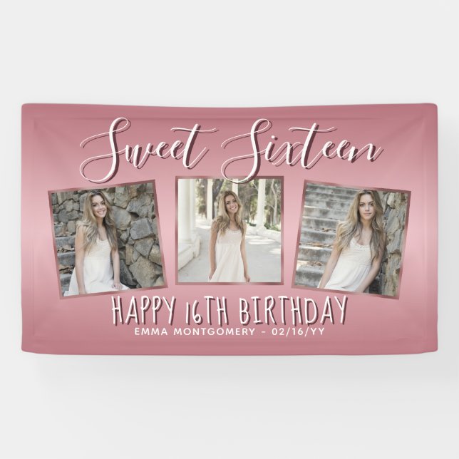 Banderoles Rose Gold Pink Foil photo Collage 16e anniversaire (Horizontal)