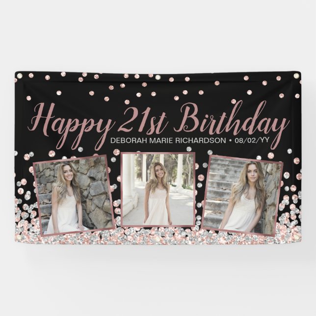 Banderoles Rose Gold Silver Photo Collage 21e anniversaire (Horizontal)