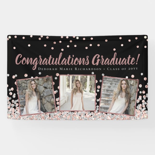 Banderoles Rose Gold Silver Photo Collage Graduation (Horizontal)