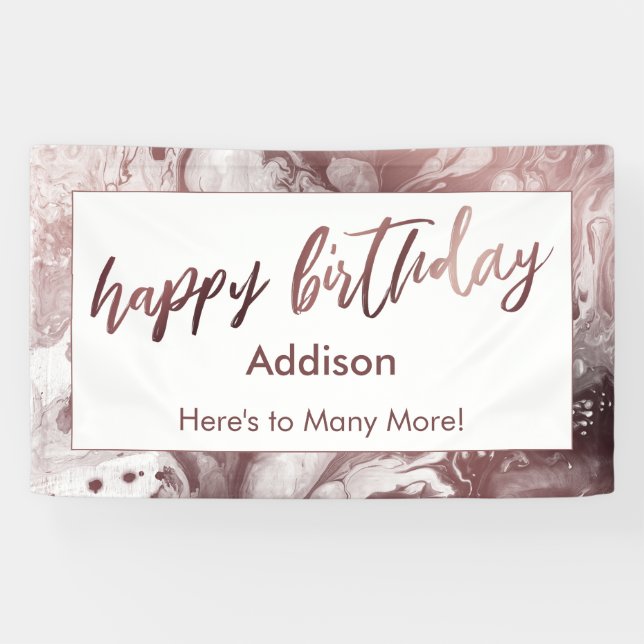 Banderoles Rose moderne Gold Marbré blanc Joyeux anniversaire (Horizontal)
