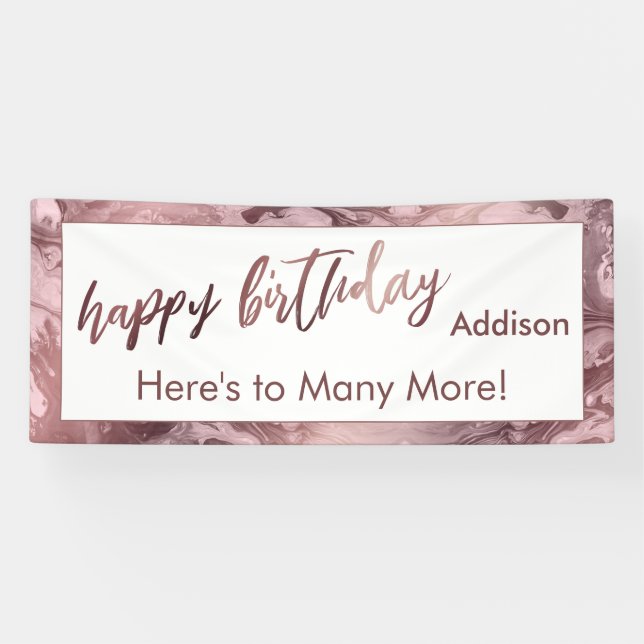 Banderoles Rose moderne Gold Pastel Marbre rose Joyeux Annive (Horizontal)