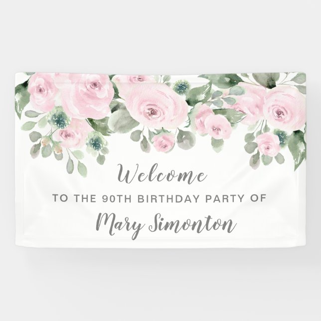 Banderoles Rose rose Floral 90e fête d'anniversaire Bienvenue (Horizontal)