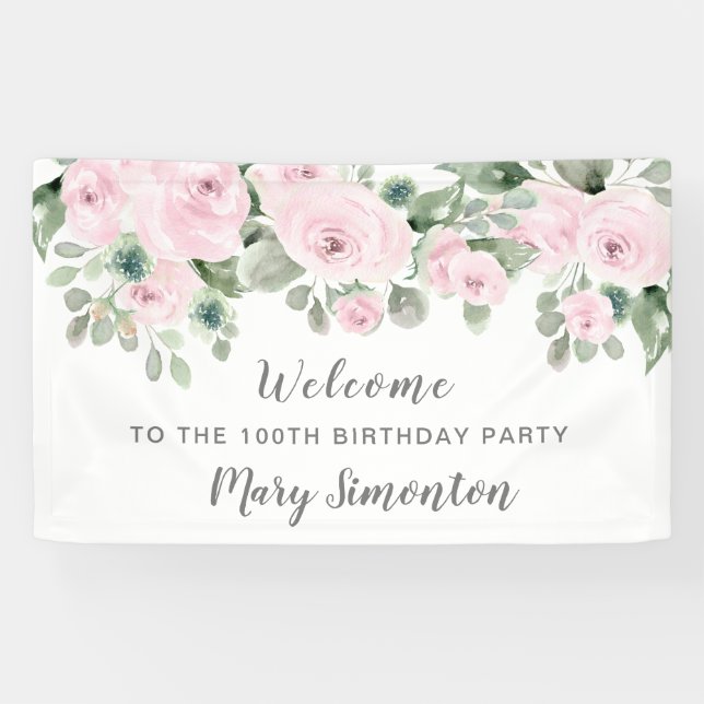 Banderoles Rose rose florale 100 fête d'anniversaire Bienvenu (Horizontal)