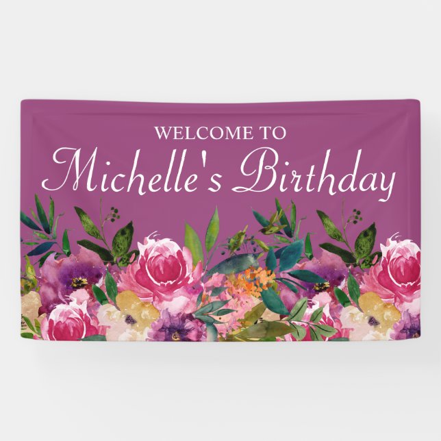 Banderoles Rose violet jaune Floral Personnalisé Anniversaire (Horizontal)