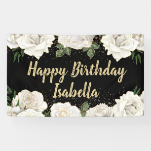 Banderoles Roses blanches paillettes dorées Joyeux Anniversai