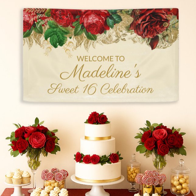 Banderoles Roses rouges vintages sucrées 16 (Red roses Sweet 16 birthday party banner)