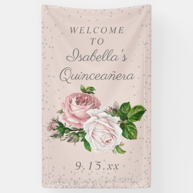 Banderoles Roses Vintages roses Quinceañera Bienvenue (Vertical)