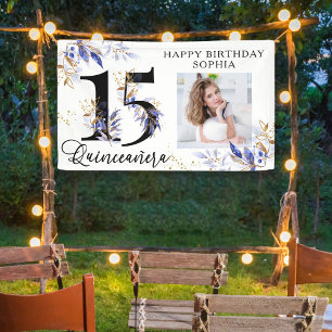Banderoles Royal Blue and Gold Foliage Quinceanera Photo