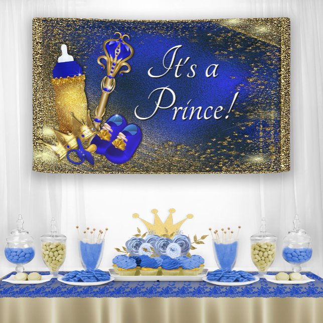 Banderoles Royal Blue Gold Prince Baby shower (Add your own text, font style, etc.)