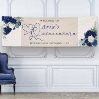 Royal Blue Ivory Floral Roses Quinceanera Bienvenu
