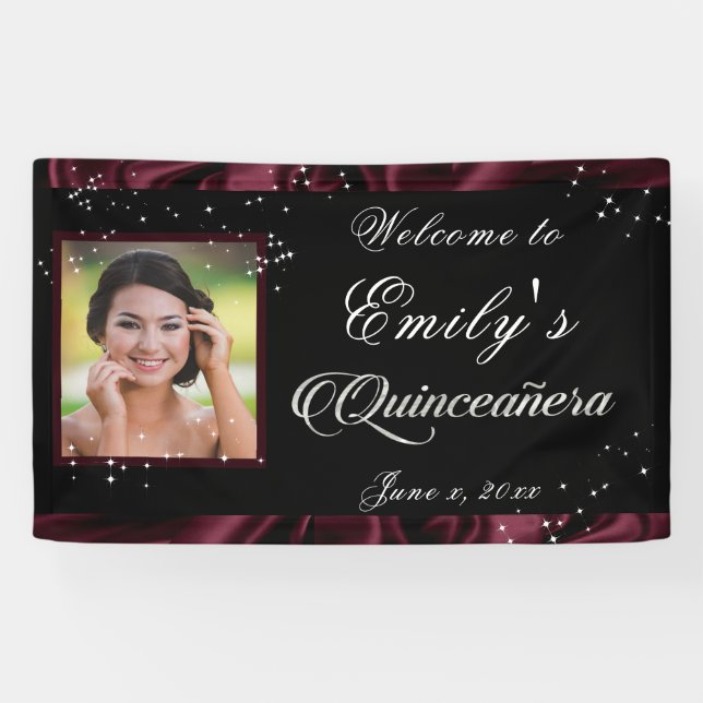 Banderoles Ruban de satin Bourgogne Quinceanera Étoiles Brill (Horizontal)