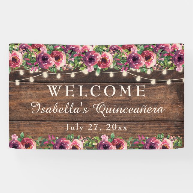 Banderoles Russe Bourgogne Floral Quinceañera Bienvenue (Horizontal)