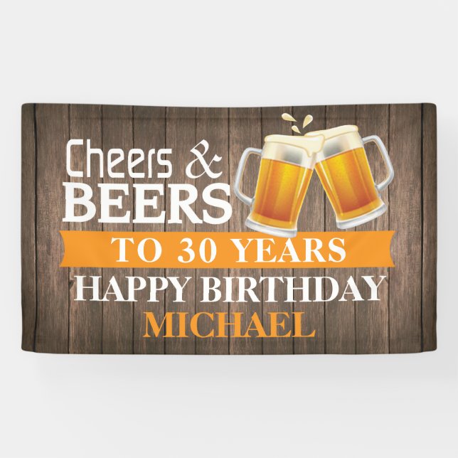 Banderoles Rustic Cheers and Beers Happy 30th Birthday Orange (Horizontal)