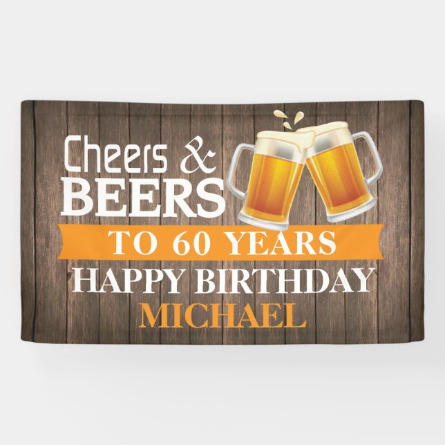 Banderoles Rustic Cheers and Beers Happy 60th Birthday Orange (Horizontal)