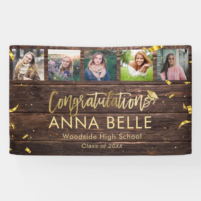 Banderoles Rustic Modern Gold Script Photo Collage Graduation (Horizontal)