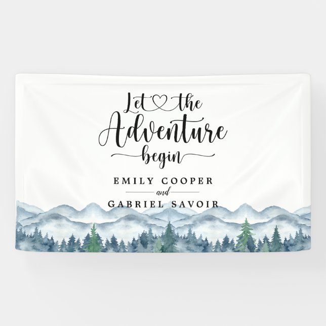 Banderoles Rustic Mountains Mariage d'aquarelle de forêt (Horizontal)