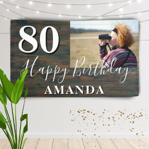 Banderoles Rustic Wood Photo 80th Birthday Party Banner