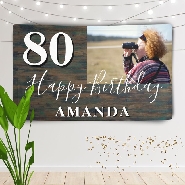 Banderoles Rustic Wood Photo 80th Birthday Party Banner (Créateur téléchargé)