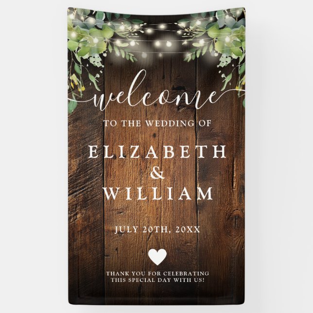 Banderoles Rustic Wood String Lights Wedding Welcome  (Vertical)