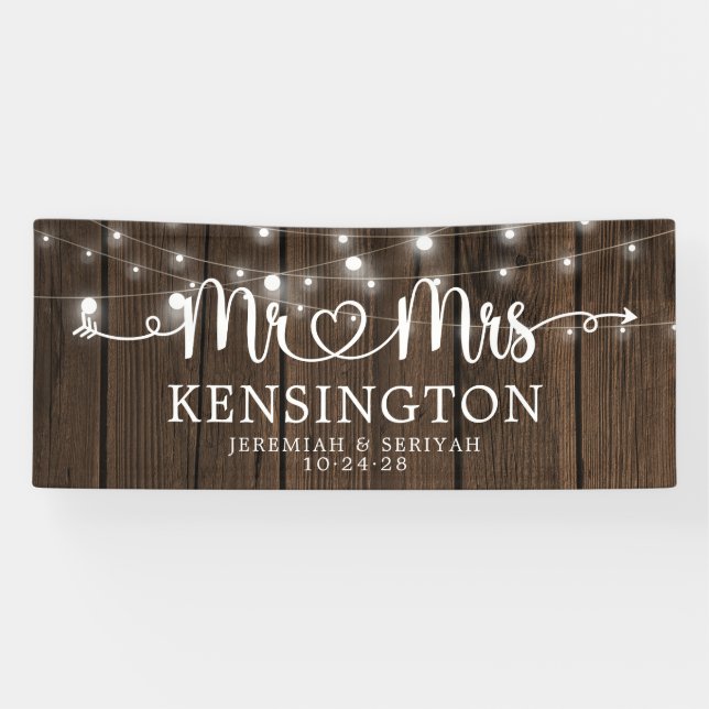 Banderoles Rustique M. Mme Heart Script Lights Mariage en boi (Horizontal)