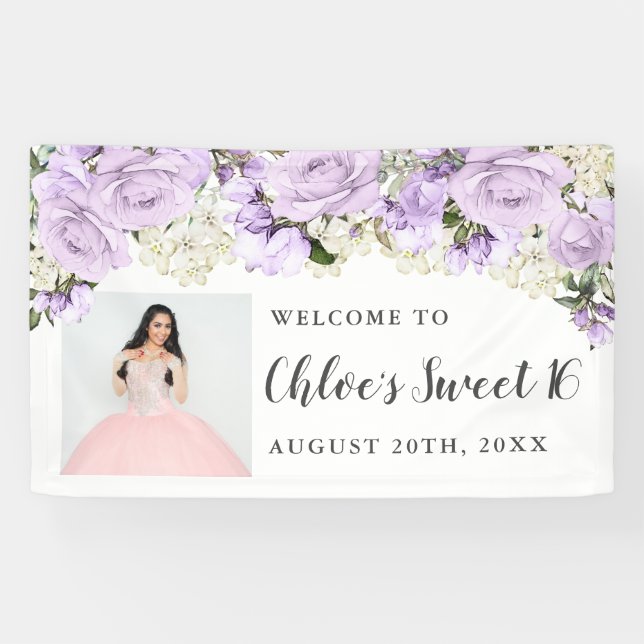 Banderoles Rustique Purpl Blanc Floral Photo Sweet 16 Party (Horizontal)
