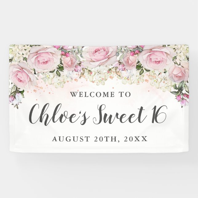 Banderoles Rustique rose et blanc Floral Sweet 16 Party (Horizontal)