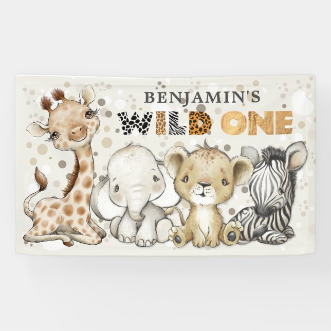 Banderoles Safari Wild Un Anniversaire Lion Elephant Giraffe (Horizontal)