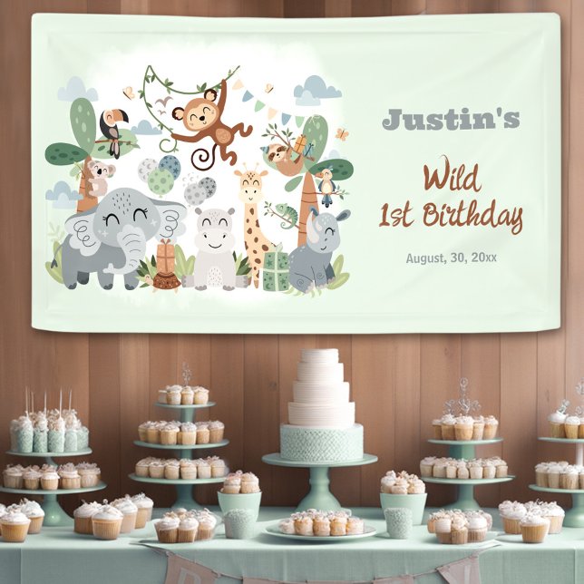 Banderoles Safari ZOO Animaux Wild One Green 1er Anniversaire (Safari ZOO Animals Wild One Green 1st Birthday Banner)