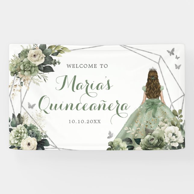 Banderoles Sage Green Floral Géométrique Princesse Quinceañer (Horizontal)