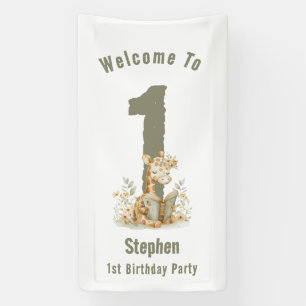 Banderoles Sage Green Giraffe Joyeux 1er anniversaire