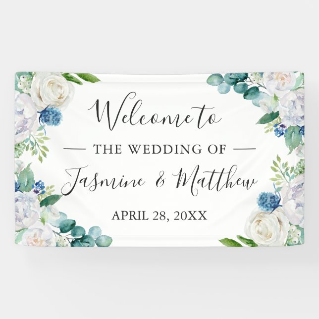 Banderoles Sage Vert Bleu Blanc Floral Party de mariage (Horizontal)