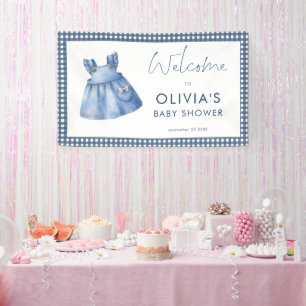 Banderoles Salon de bébé Bienvenue Fille Gingham Jean Bleu 