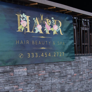 Banderoles Salon de cheveux or floral rose typographie luxe g