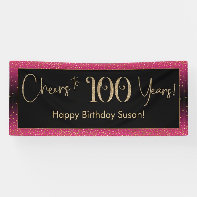 Banderoles Salutations à 100 ans Anniversaire, Pink Or Noir (Horizontal)