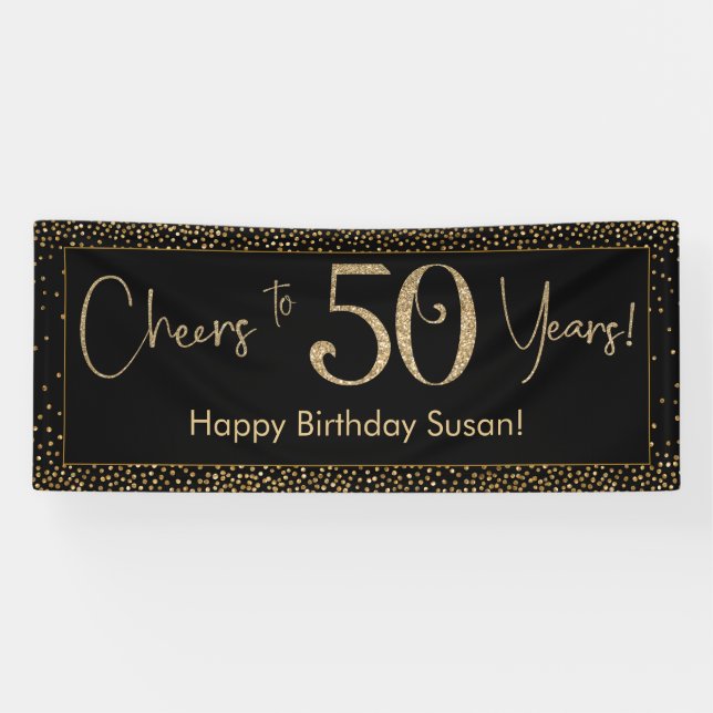 Banderoles Salutations à 50 Anniversaire Noir avec Gold Confe (Horizontal)